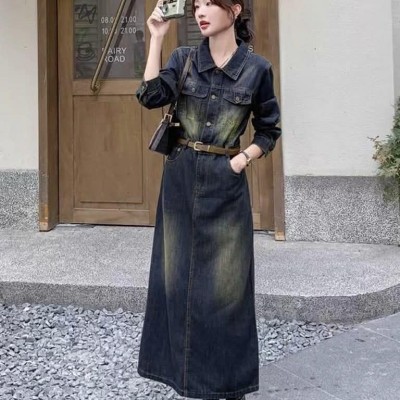 复古翻领开叉牛仔连身裙